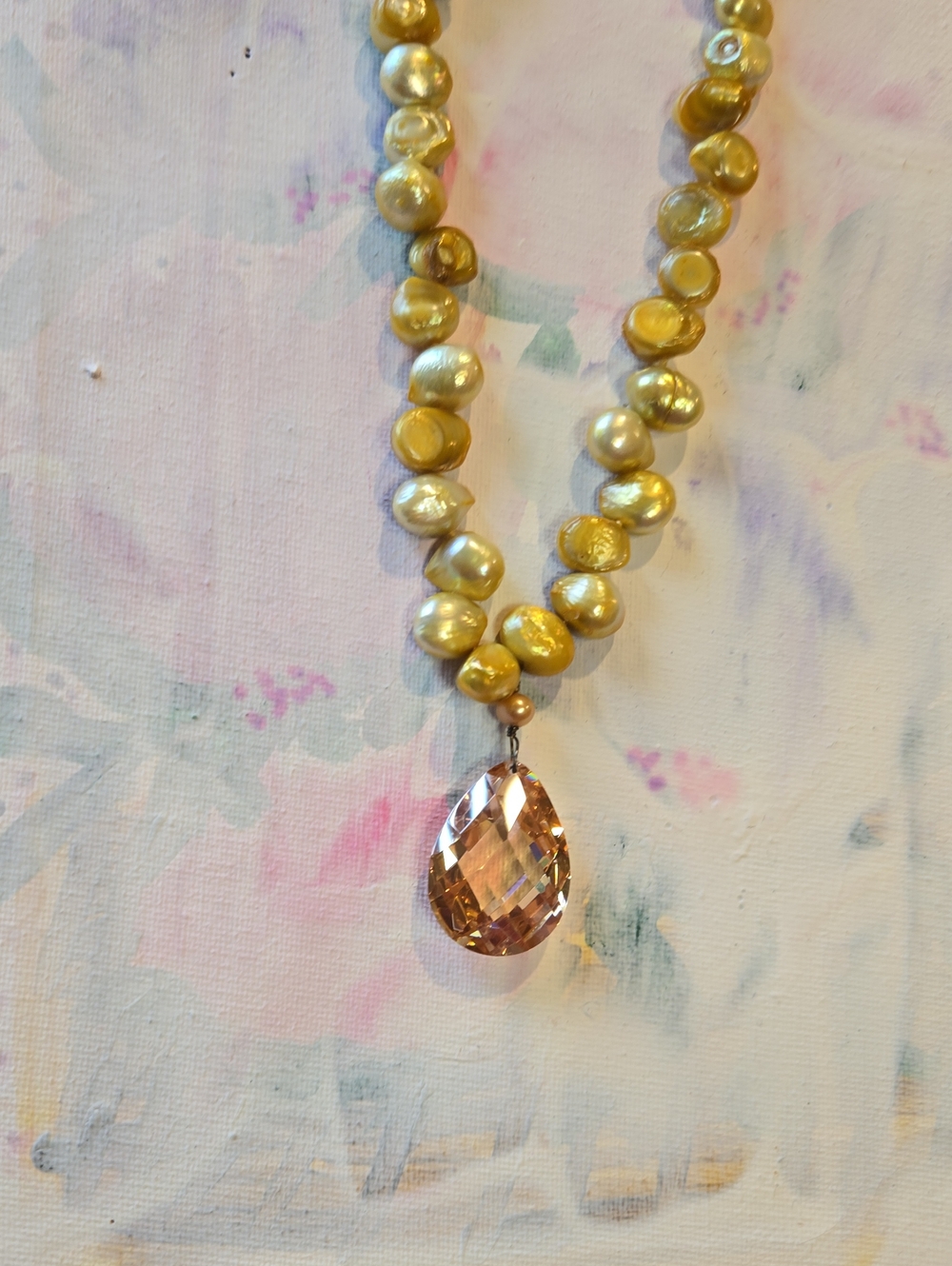 Gold Freshwater Pearl Necklace with Peach Teardrop Crystal Pendant
